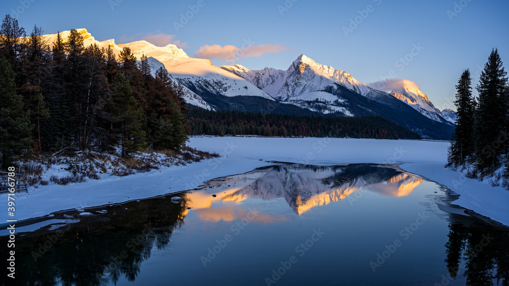 Panoramic photo of Maligne Lake at Sunset in winter beautiful reflection, Jasper National Park, Alberta Canada