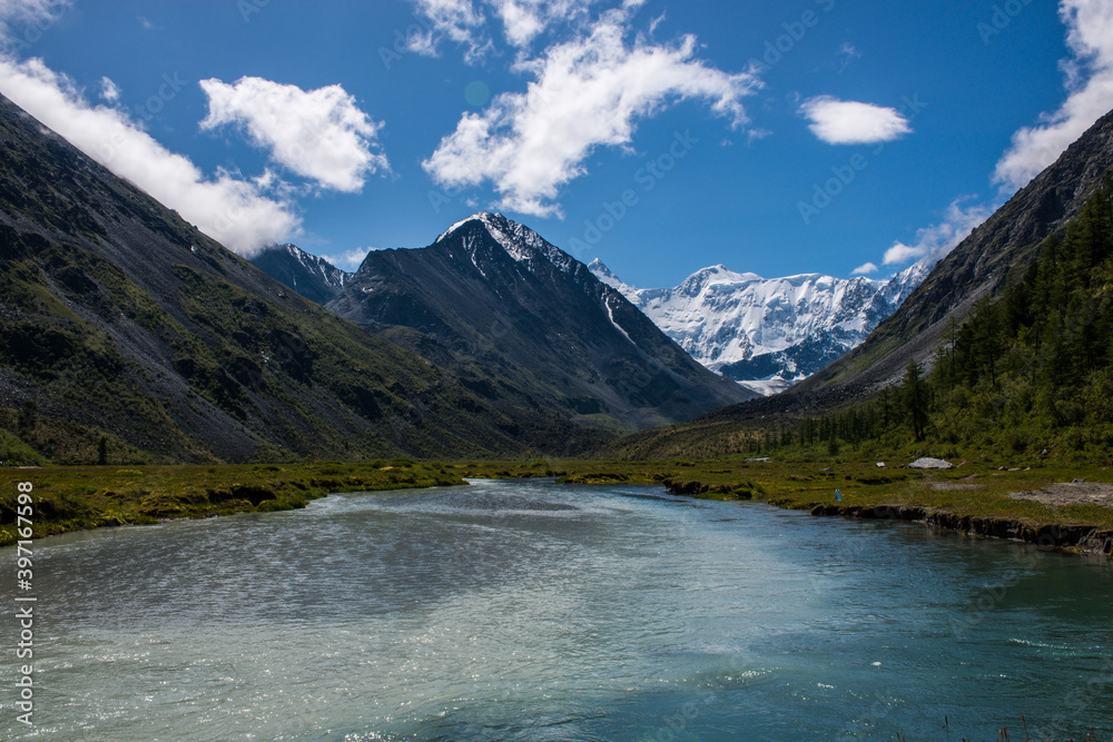 view of the snow-capped Belukha peak from the shore of lake Akkem