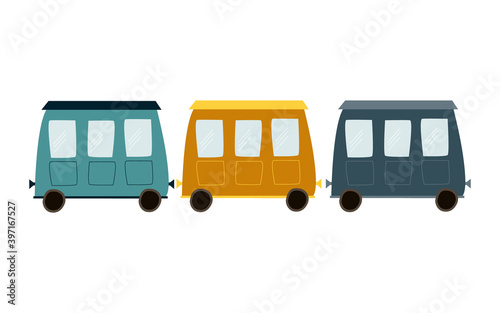 Illustration of cute wagons turquoise blue orange drawn by hand. on a white background. children's print. for design, decoration, invitations, albums. flat style, vector