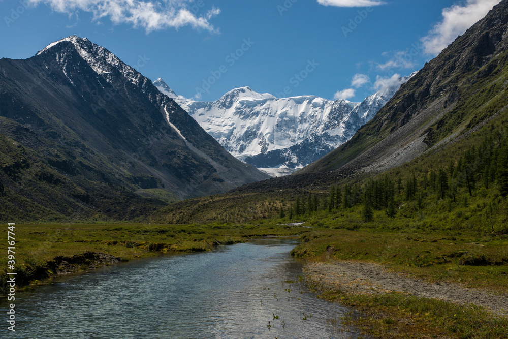 view of the snow-capped Belukha peak from the shore of lake Akkem view of the snow-capped Belukha peak from the shore of lake Akkem