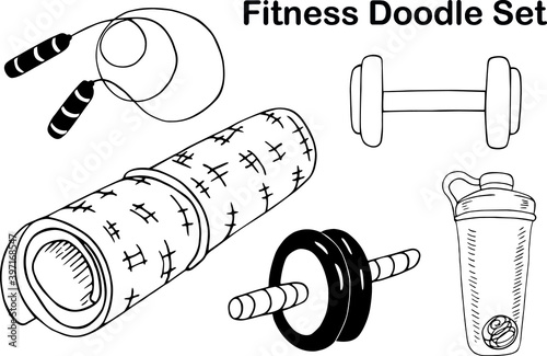 A set of Doodle fitness elements. Sports Mat, bottle, dumbbells and skipping rope hand-drawn. Vector graphics
