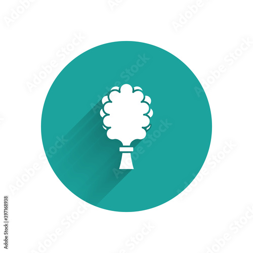 White Sauna broom icon isolated with long shadow. Broom from birch twigs, branches for Russian steam bath, sauna, washhouse. Green circle button. Vector.