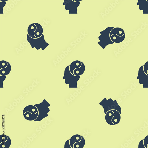 Blue Yin Yang symbol of harmony and balance icon isolated seamless pattern on yellow background. Vector.
