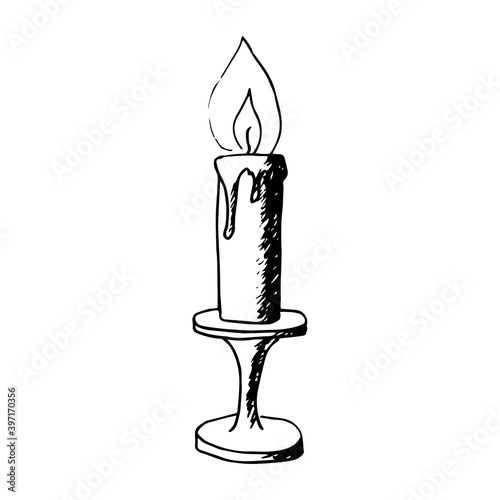 Burning Candle on candlestick black and white line art. Vector Isolated on white Background. For invitention, postcard