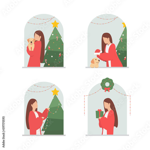 A set of woman character spends time on Christmas day at home during the quarantine.  Safely celebrate Christmas at home. 