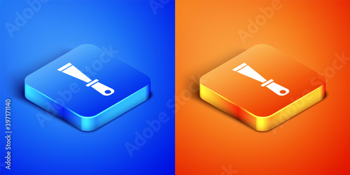 Isometric Putty knife icon isolated on blue and orange background. Spatula repair tool. Spackling or paint instruments. Square button. Vector.