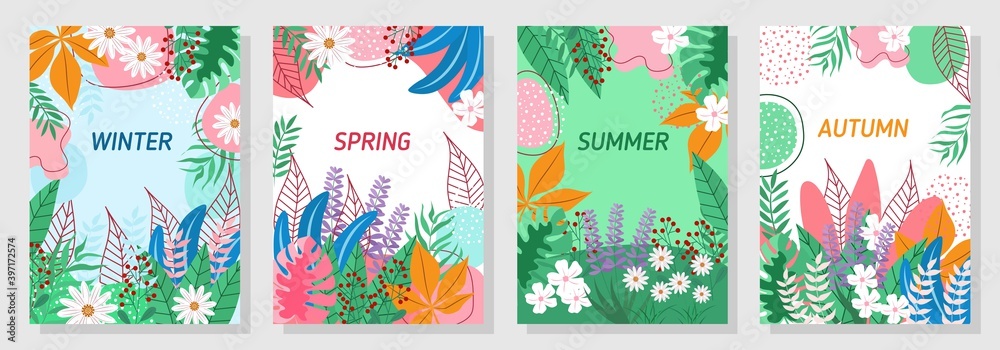 Vector set four seasons, winter, spring, summer, autumn, flowers and leaf design template, banner, cover, postcard. Vector set four seasons, winter, spring, summer, autumn, flowers and leaf design template, banner, cover, postcard.