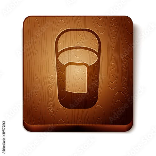 Brown Bucket with rag icon isolated on white background. Cleaning service concept. Wooden square button. Vector.