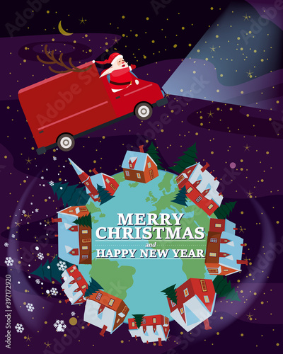 Wallpaper Mural Santa Claus Van with text Merry Christmas and Happy New Year 2021 flies through the night sky above the Earth delivering shipping gifts. Flat cartoon style vector illustration greeting card poster Torontodigital.ca