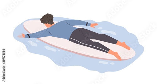 Male surfer in swimsuit lying on surfboard and swimming. Active man in swimwe...