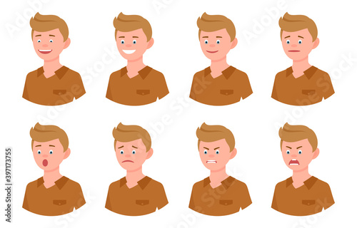 Emotional face cartoon character young blonde office man side view design vector illustration set. Happy, smiling, upset, surprised, sad, angry, shouting person flat style concept