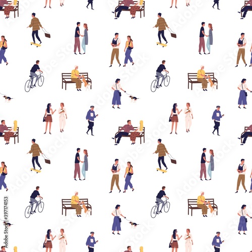 Seamless pattern with crowd of people walking on the city street. Scene of recreation and rest outside. Characters sit on benches, skateboarding, cycling, talking. Flat vector cartoon illustration