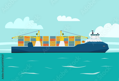 Modern cargo ship container with cranes in sea. Vector flat style illustration.