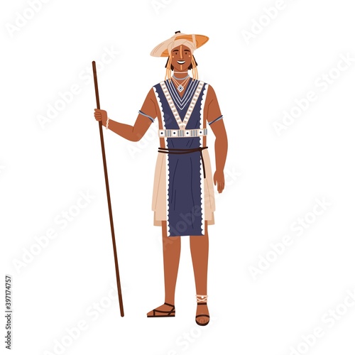 African tribal man holding wand or stick in hand. Young warrior of aboriginal tribe standing in traditional ethnic clothes with accessories. Flat vector illustration isolated on white background