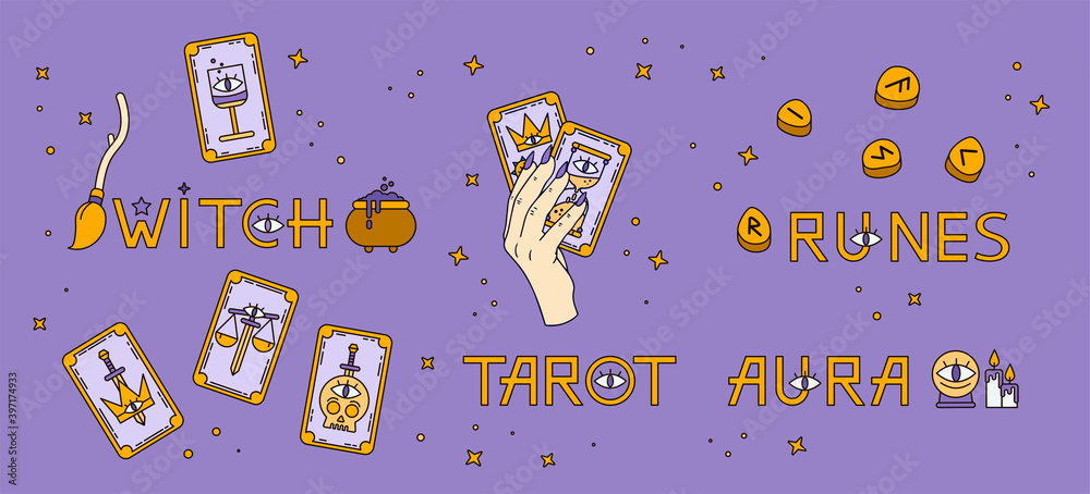 Fototapeta premium Logo for a tarot reader, runes, print for souvenirs, a set of drawings about tarot card. Fortune telling on tarot cards, fortuneteller, witch, female hand, magic, occultism, prediction, esoteric