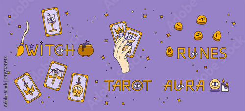 Logo for a tarot reader, runes, print for souvenirs, a set of drawings about tarot card. Fortune telling on tarot cards, fortuneteller, witch, female hand, magic, occultism, prediction, esoteric