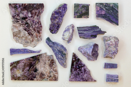 Samples of the rare mineral charoite are polished and not from the only deposit in the world in Russia.
