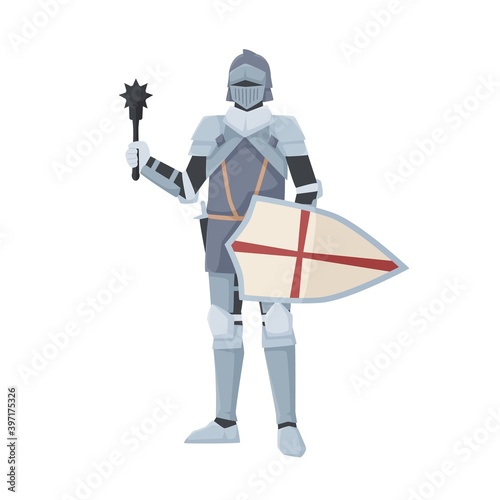Fotomurale Medieval knight standing in armor holding shield and club weapon