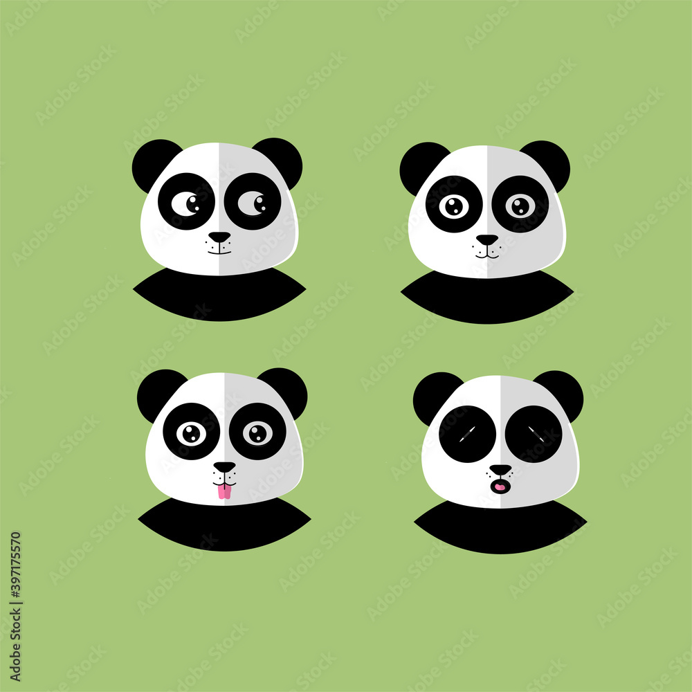 Set Animal Cute Panda Icon Vector Flat Background