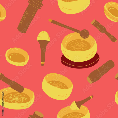 Singing healing bowls seamless pattern. Vector illustration for fabric print, wrapping paper and other design.
