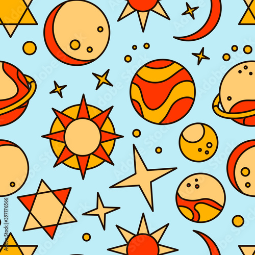 Pattern for astrologer with planets and stars. Background for tarologist and astrologer. Halloween card