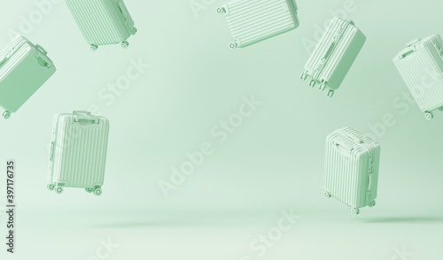 Many luggage bag, cabin baggage on pastel green background, traveling summer concept. Stylish vacation suitcase, pastel colors, tourist background, space for text, 3d render. Tourism conceptual design