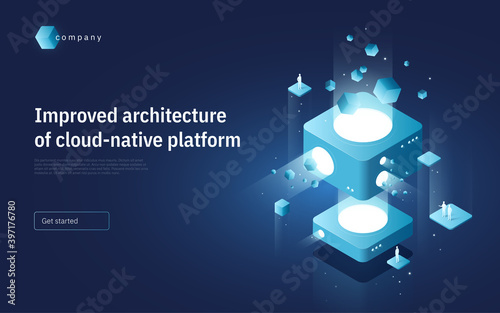 Abstract isometric vector illustration on the subject of technologies, data, processes, platforms, services. Landing page template