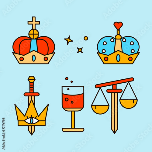 Set of mystical icon for tarot cards, banners, flyers, posters, brochures, stickers. Cards with esoteric symbols. Background for tarologist and astrologer