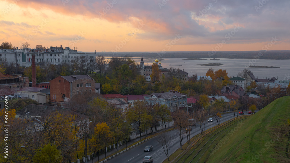 The sunset over the Volga river after rain. Nizhny Novgorod, Russia.