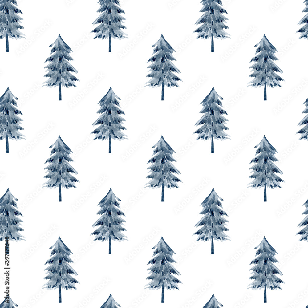 Watercolor landscape seamless pattern with forest tree. Fir Tree deep blue color for textile fabric, wrapping paper, wedding invintation, kids textile.