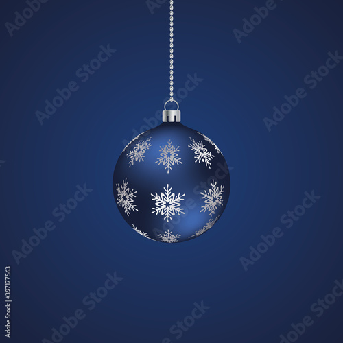 Christmas tree toy. Glass ball. Ornament from silver snowflakes. Colored vector illustration. Isolated blue background. The Christmas decoration is hung on a chain. Delicate decor.