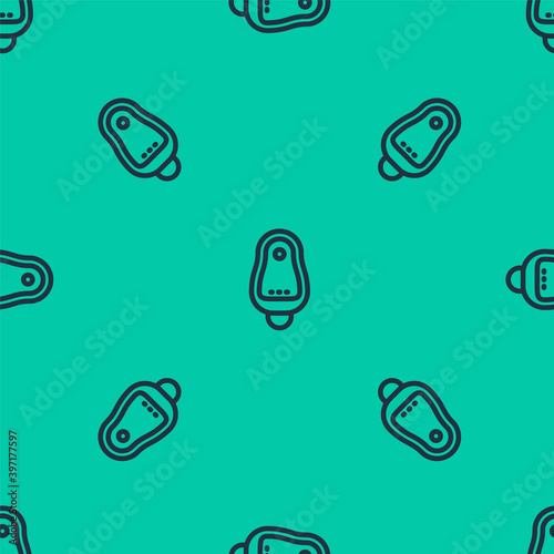 Blue line Toilet urinal or pissoir icon isolated seamless pattern on green background. Urinal in male toilet. Washroom, lavatory, WC. Vector.