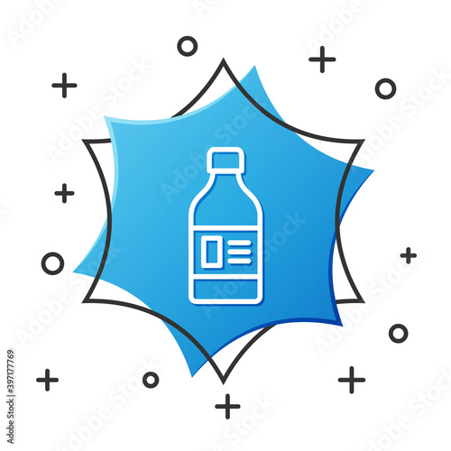 White line Plastic bottle for laundry detergent, bleach, dishwashing liquid or another cleaning agent icon isolated on white background. Blue hexagon button. Vector.