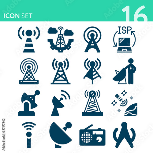Simple set of 16 icons related to transmitting aerial
