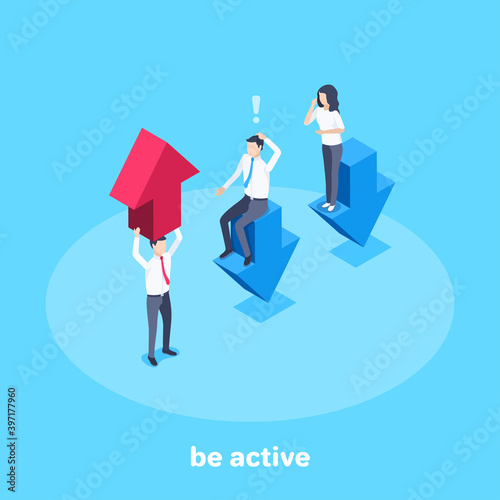 isometric vector illustration on a blue background, a man holds a red up arrow above his head and other people sit on the blue down arrows, everyday life is active in business