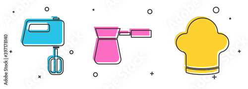 Set Electric mixer, Coffee turk and Chef hat icon. Vector.