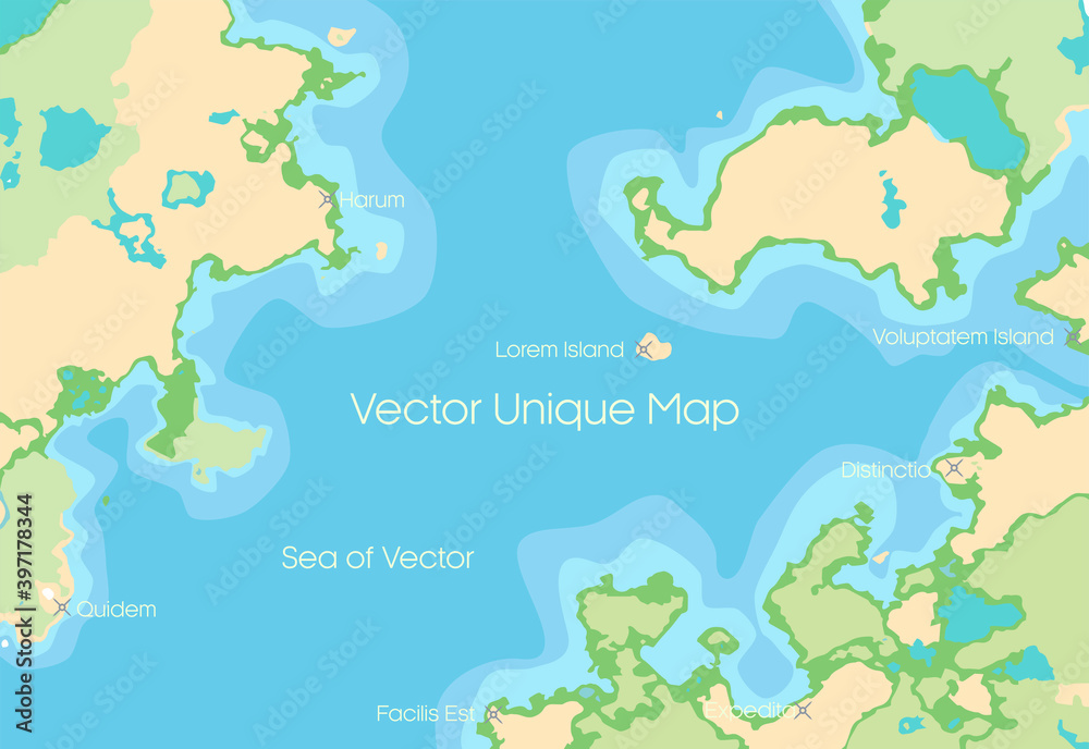 Unique map of world with various landscape, green, ocean and lakes. This is design for any ideas Unique map of world with various landscape, green, ocean and lakes. This is design for any ideas