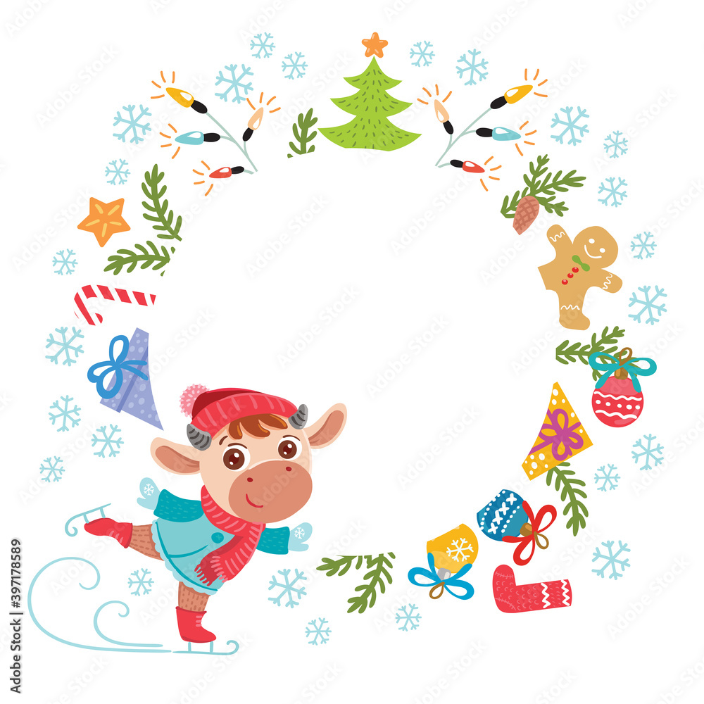 Happy cow. Illustration with bull, symbol of the Chinese new year 2021. Cow on ice. Round frame for text, congratulations Happy cow. Illustration with bull, symbol of the Chinese new year 2021. Cow on ice. Round frame for text, congratulations
