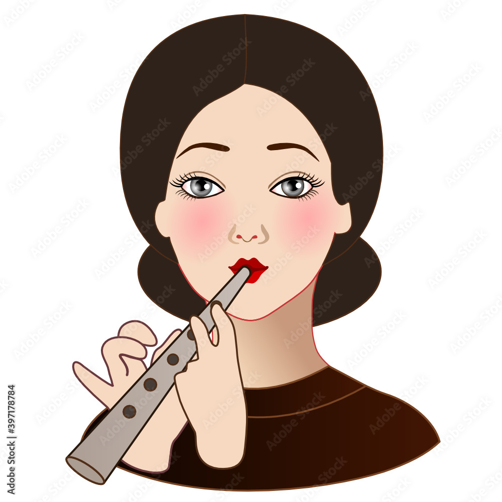 Emoticon with a girl playing the flute, color emoji on a white isolated