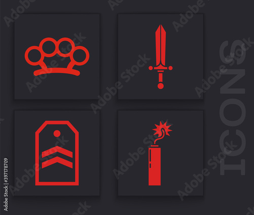 Set Dynamite bomb stick clock, Brass knuckles, Medieval sword and Chevron icon. Vector.