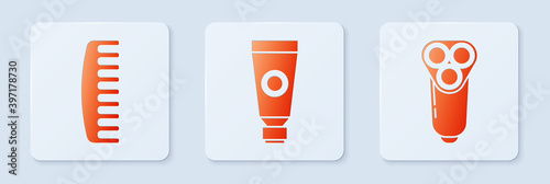 Set Cream or lotion cosmetic tube, Hairbrush and Electric razor blade for men. White square button. Vector.