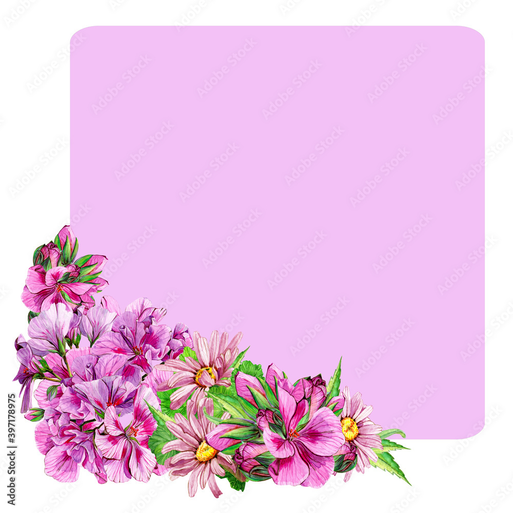 Frame icon with purple square flowers on white background. Decor chamomile and geranium buds. Place for text
