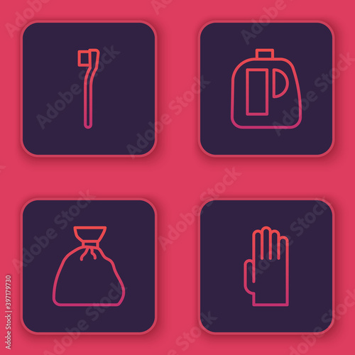 Set line Toothbrush, Garbage bag, Bottles for cleaning agent and Rubber gloves. Blue square button. Vector.
