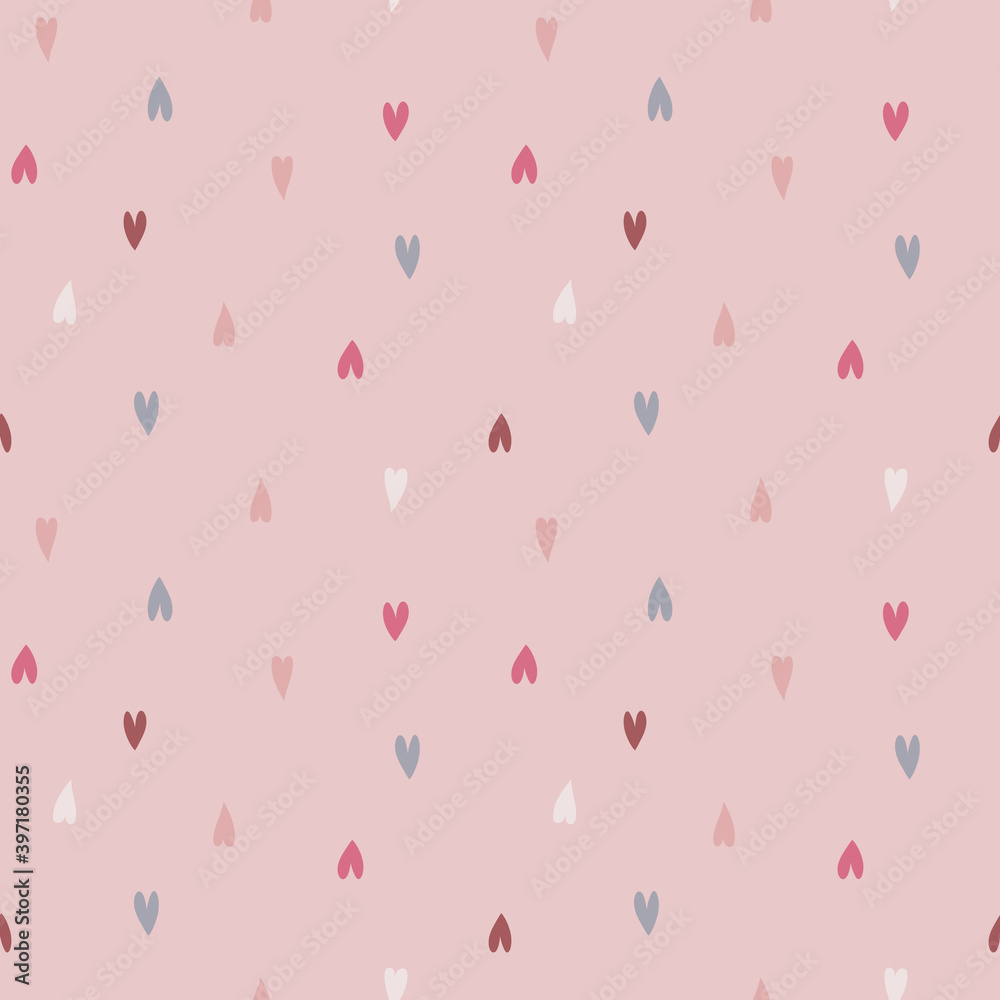 Cute seamless pattern with repeated hearts. Trendy texture with a jumble of hearts. Flat design endless chaotic texture of tiny hearts. Endless romantic or for children print. Vector illustration.