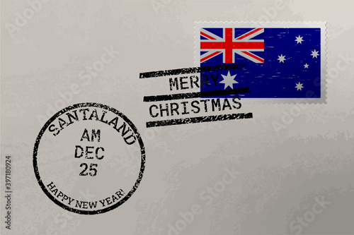 Postage stamp envelope with Australia flag and Christmas and New Year stamps, vector