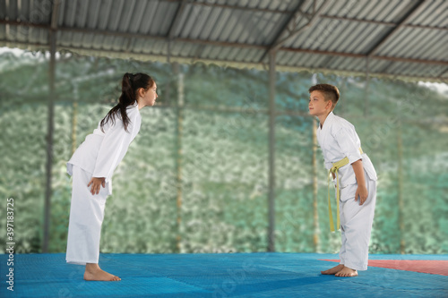 Children in kimono performing ritual bow before karate practice at outdoor gym