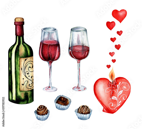 Watercolor romantic illustrations. Set for dating, Valentine's Day, Romantic evening. A bottle of wine, two glasses of red wine, chocolates, a heart-shaped candle and hearts. Isolated on white backgro