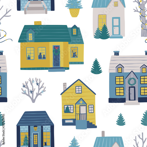 House seamless pattern. Vector house background. Cute winter houses and trees background. Little town backdrop for Christmas