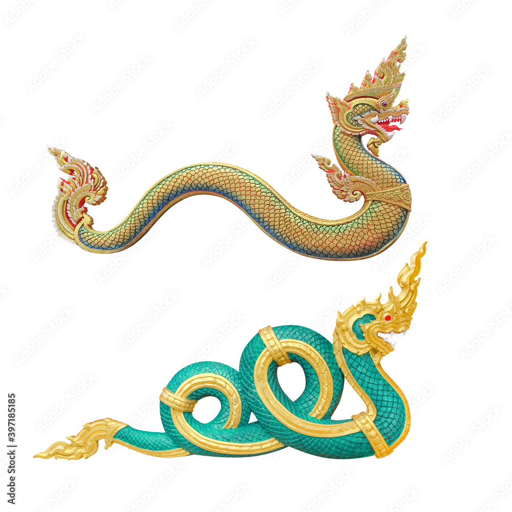 Serpent king or king of naga statue two style in Thai temple isolated on white background with clipping path. - obrazy, fototapety, plakaty 