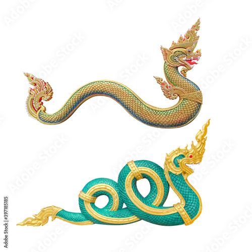 Serpent king or king of naga statue two style in Thai temple isolated on white background with clipping path. photo